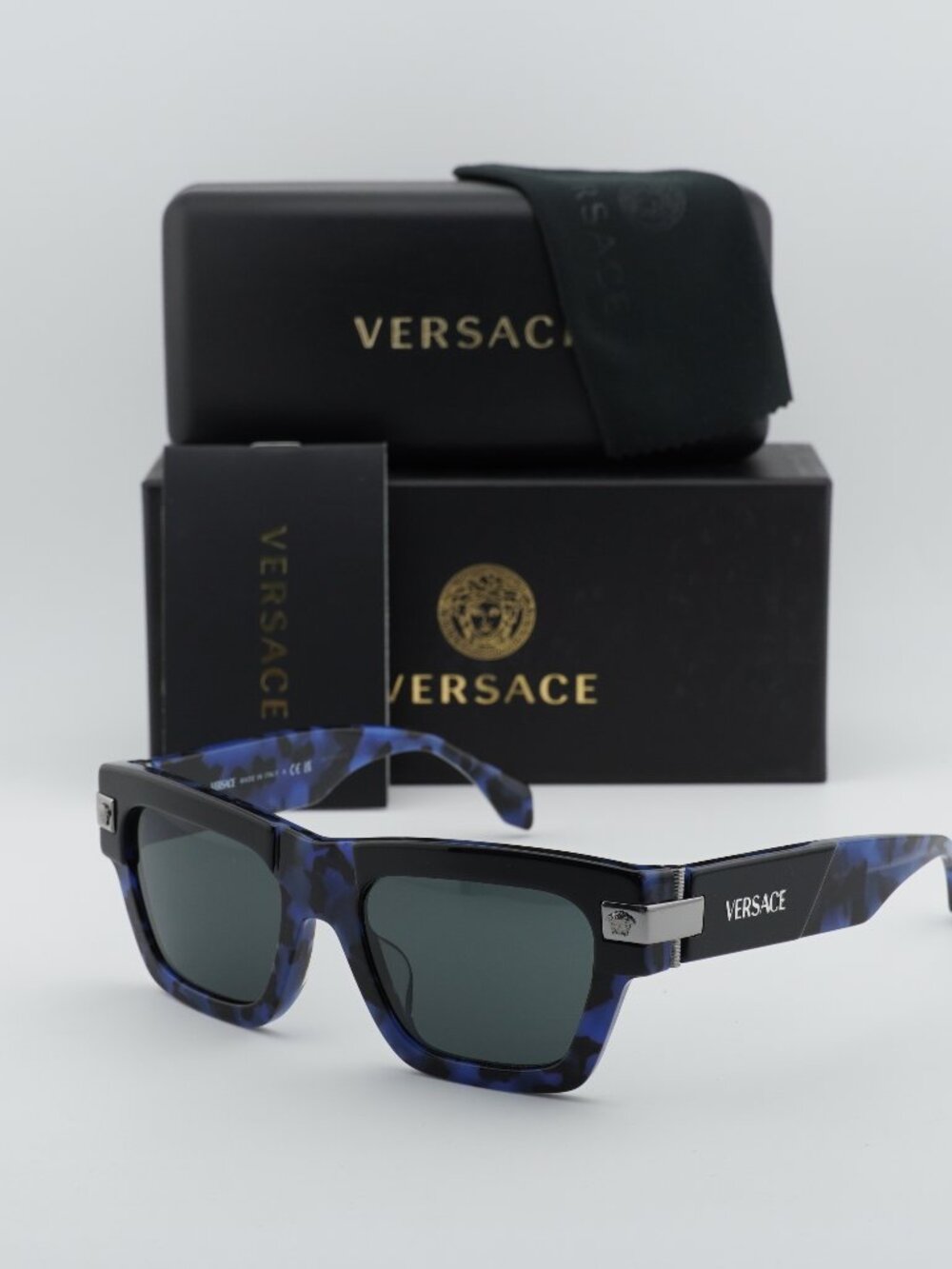 Versace VE4464F 545887 Rectangle Sunglasses – Black / Blue / Grey